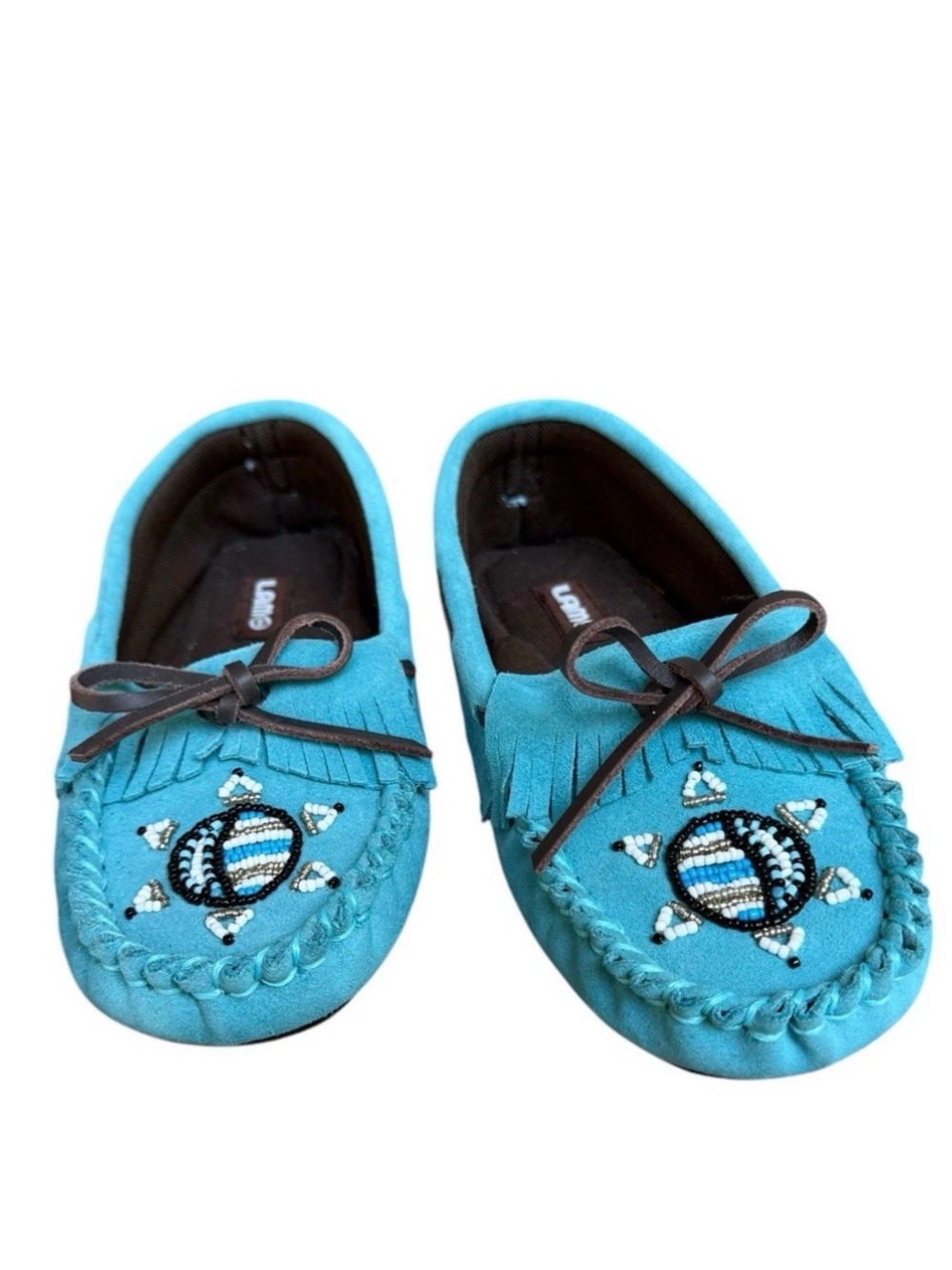 LAMO Teal Suede Slip-on Comfort Moccasins Beaded Fringe Memory Foam Women Size 5